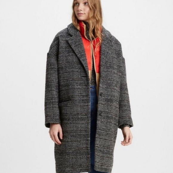 Levi's Jackets & Blazers - NWT Levi’s Cocoon Coat Gray Black Caviar Wool Plaid Houndstooth Long Cla…